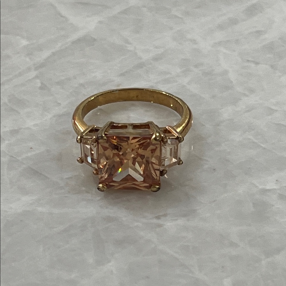 Gold Ring with Peach Center Stone and Clear Side Accents